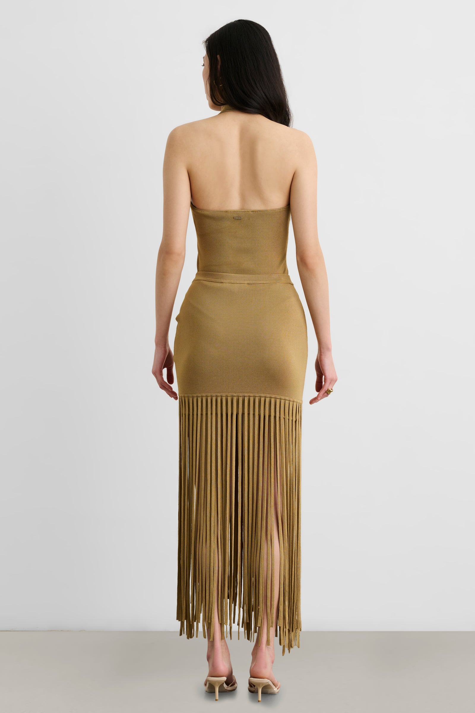 AMALIA RUCHED MINI SKIRT WITH FRINGE