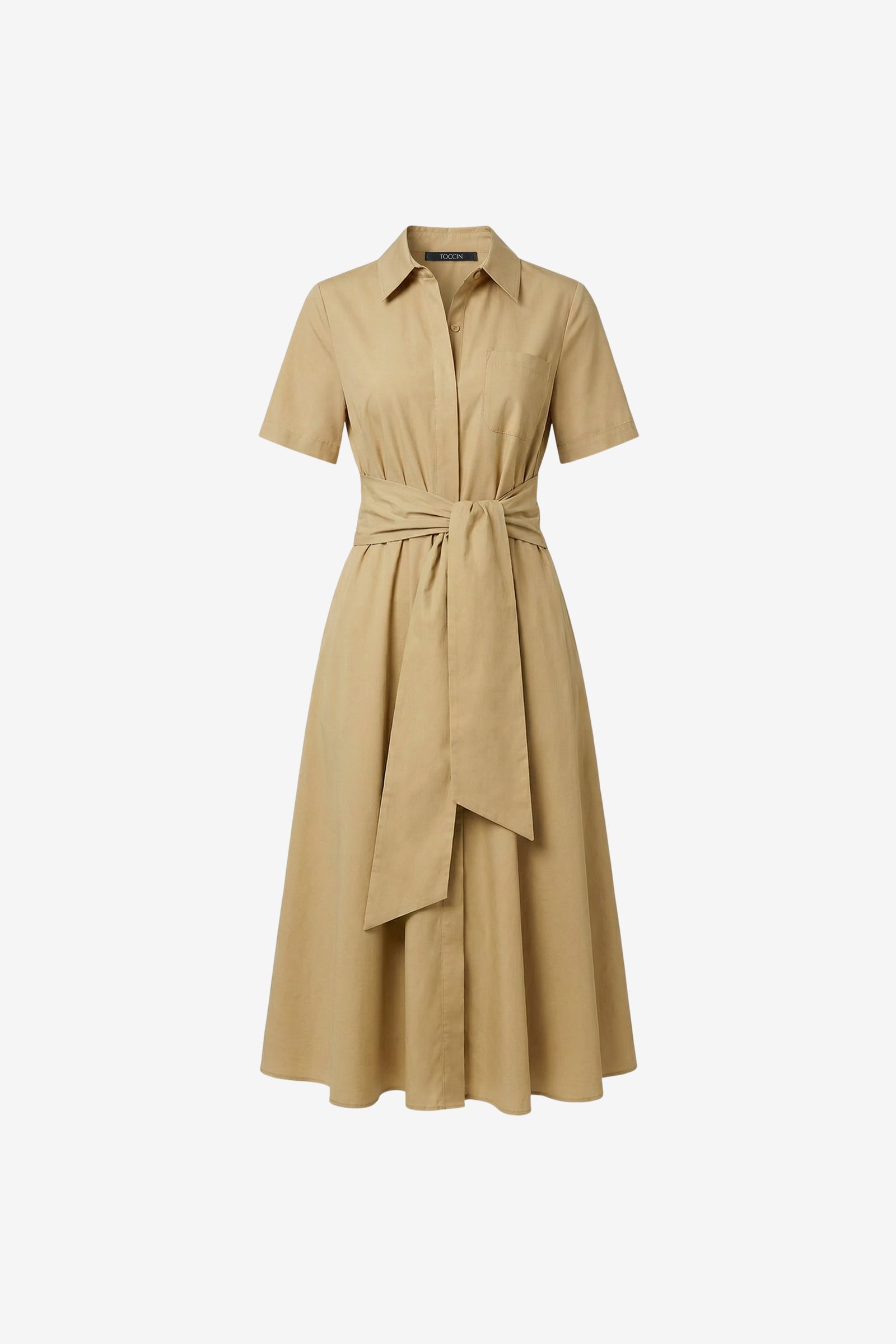 MEGAN SHORT SLEEVE TIE-FRONT MIDI SHIRT DRESS - Toccin