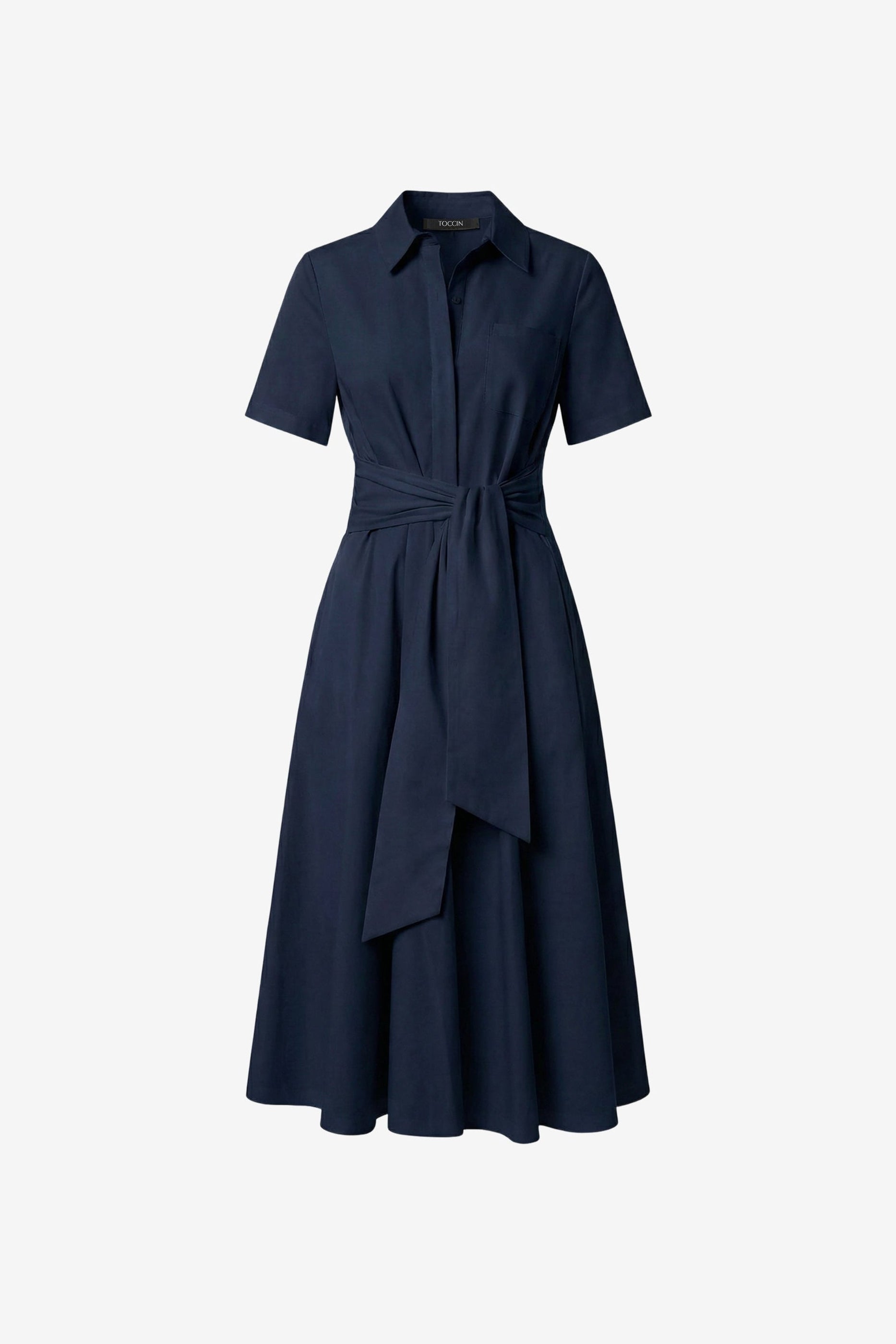 MEGAN SHORT SLEEVE TIE-FRONT MIDI SHIRT DRESS XS / Navy