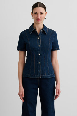 HALLE SHORT SLEEVE BUTTON FRONT TOP - Toccin