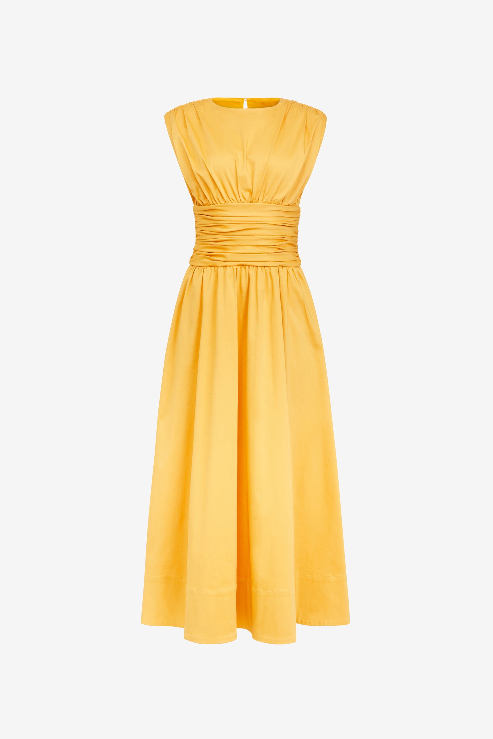 EVANGELINE STRONG SHOULDER RUCHED MIDI DRESS