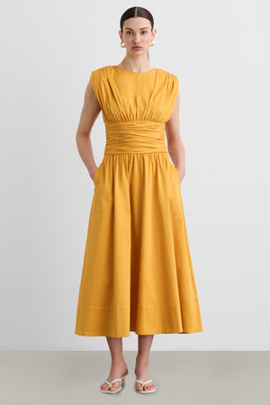 EVANGELINE STRONG SHOULDER RUCHED MIDI DRESS - Toccin