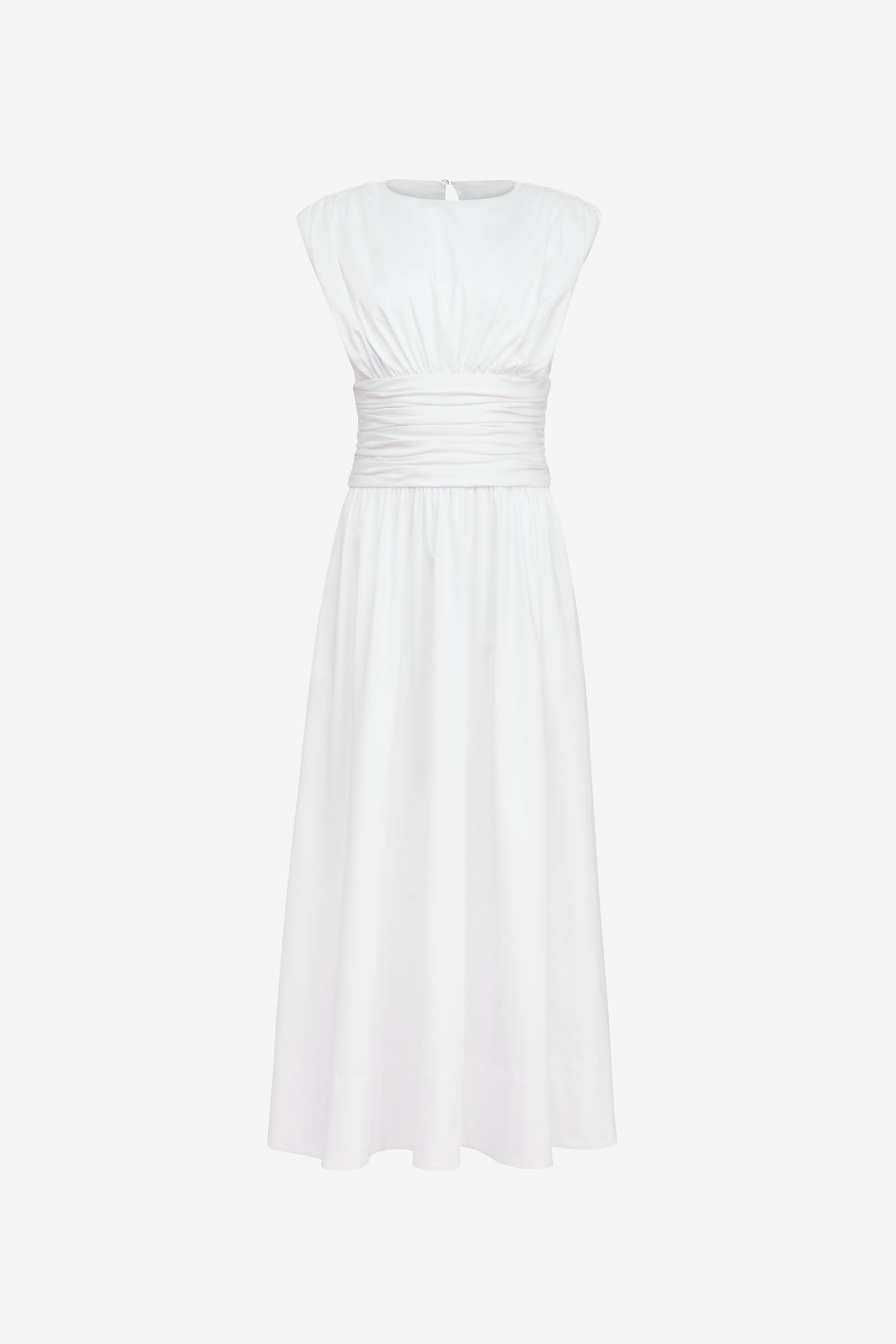 EVANGELINE STRONG SHOULDER RUCHED MIDI DRESS