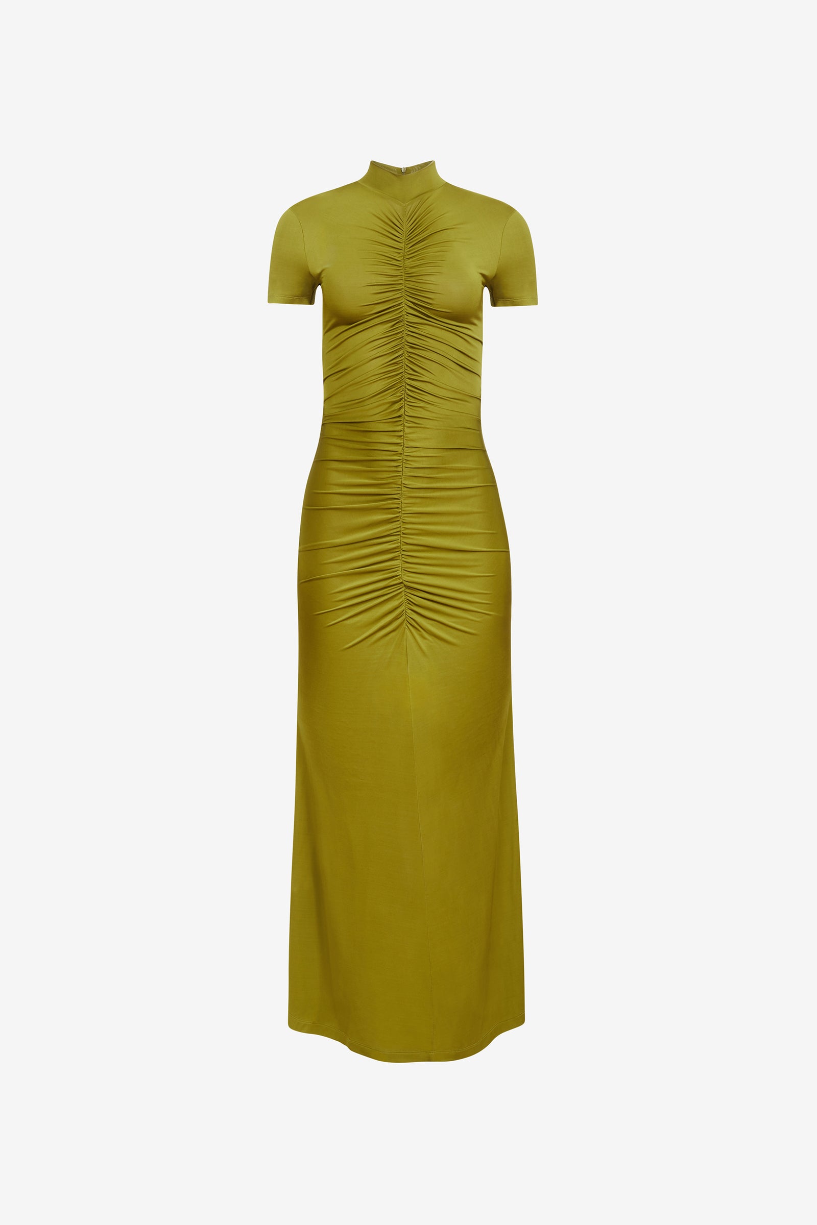 GRACELYN MOCK NECK SHORT SLEEVE RUCHED MIDI DRESS