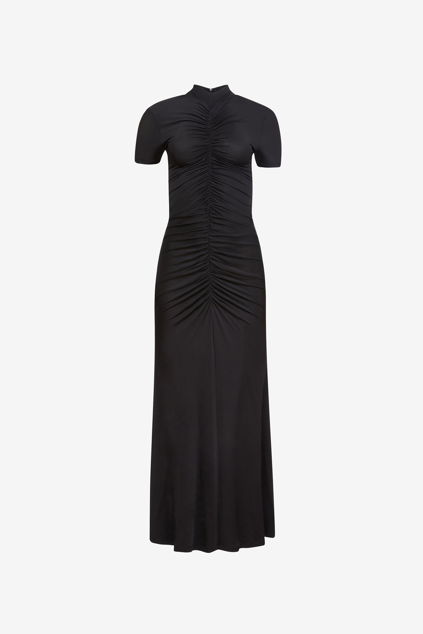 GRACELYN MOCK NECK SHORT SLEEVE RUCHED MIDI DRESS