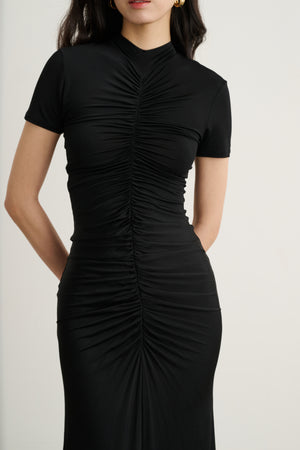 GRACELYN MOCK NECK SHORT SLEEVE RUCHED MIDI DRESS - Toccin