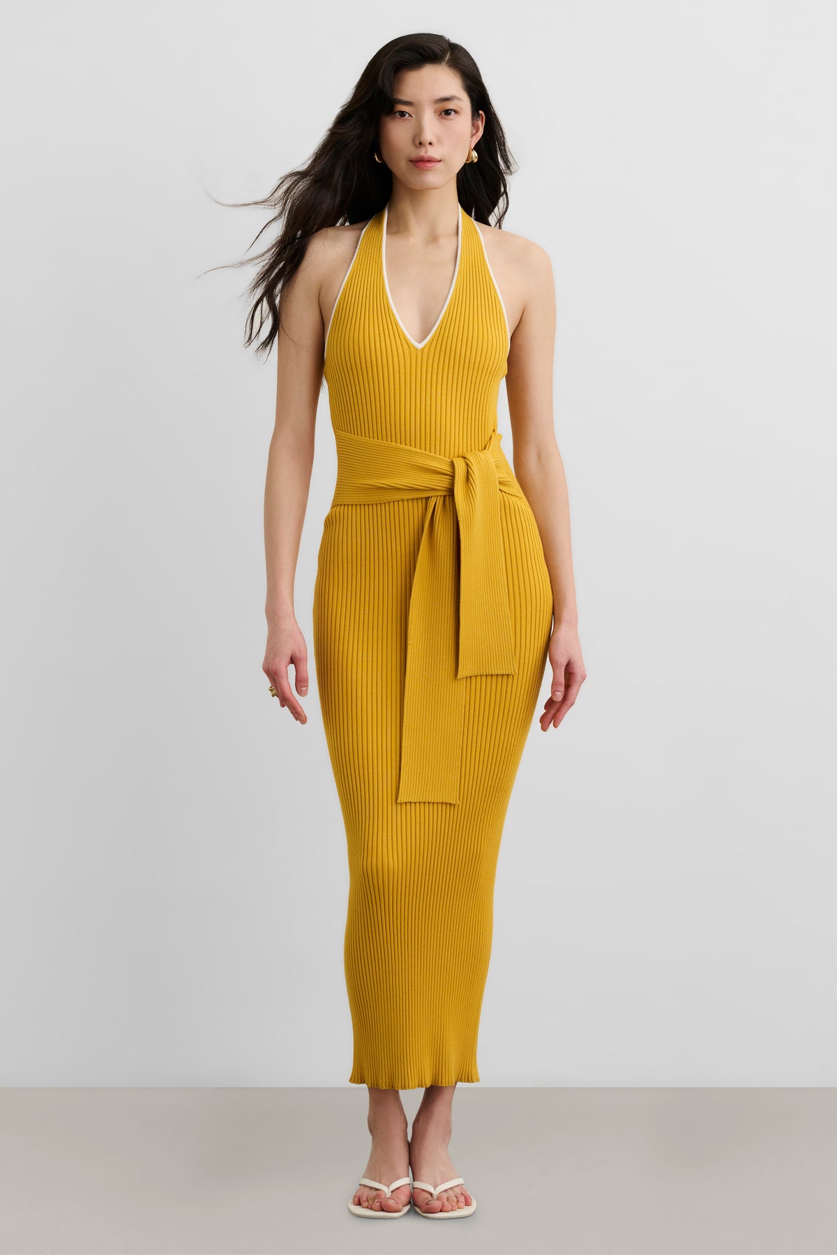 ALLEGRA V-NECK TIE-FRONT HALTER MIDI DRESS - Toccin