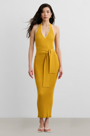 ALLEGRA V-NECK TIE-FRONT HALTER MIDI DRESS - Toccin