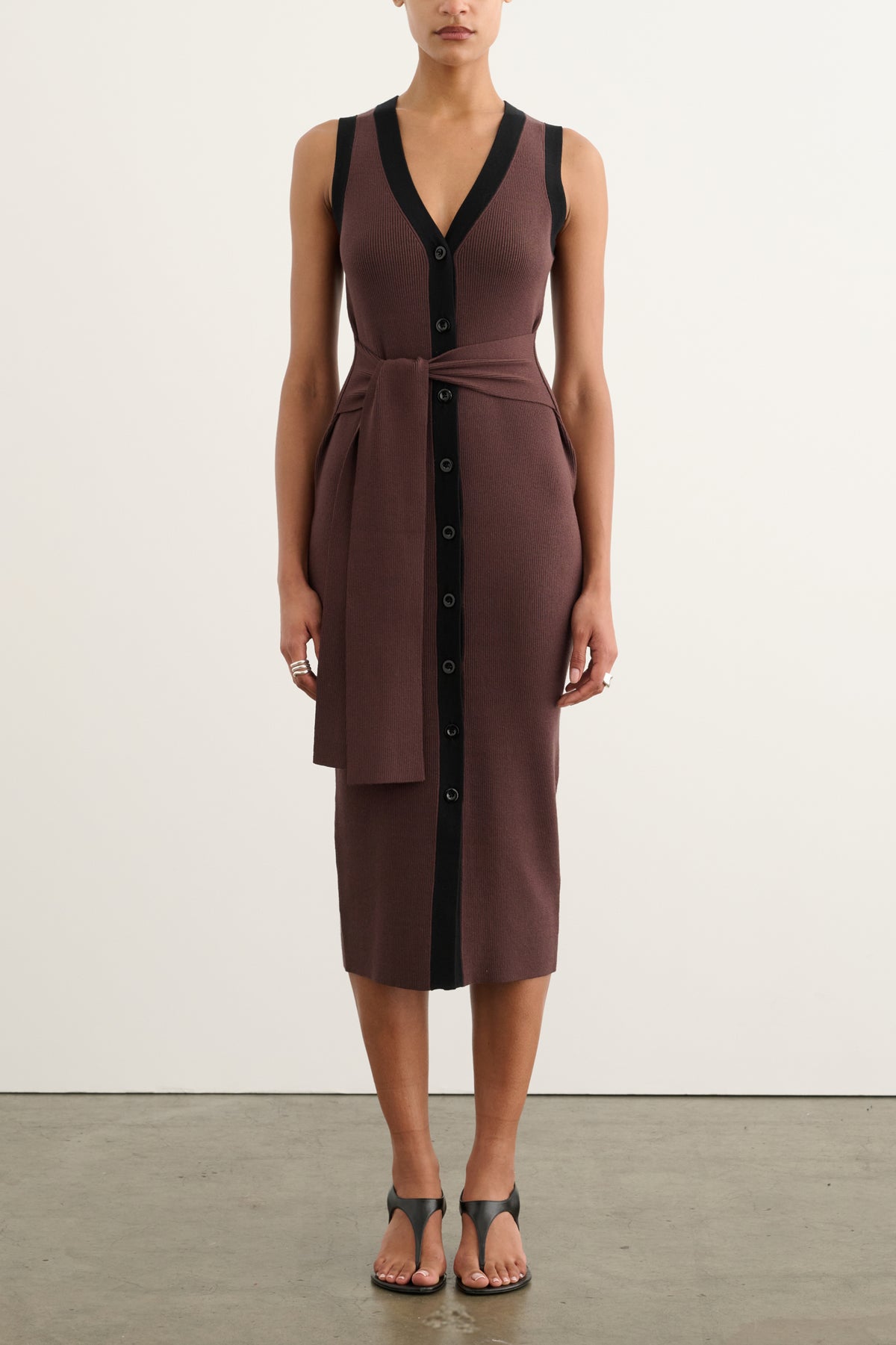 VICTORIA TIE FRONT SLEEVELESS MIDI DRESS