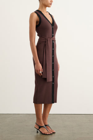 VICTORIA TIE FRONT SLEEVELESS MIDI DRESS