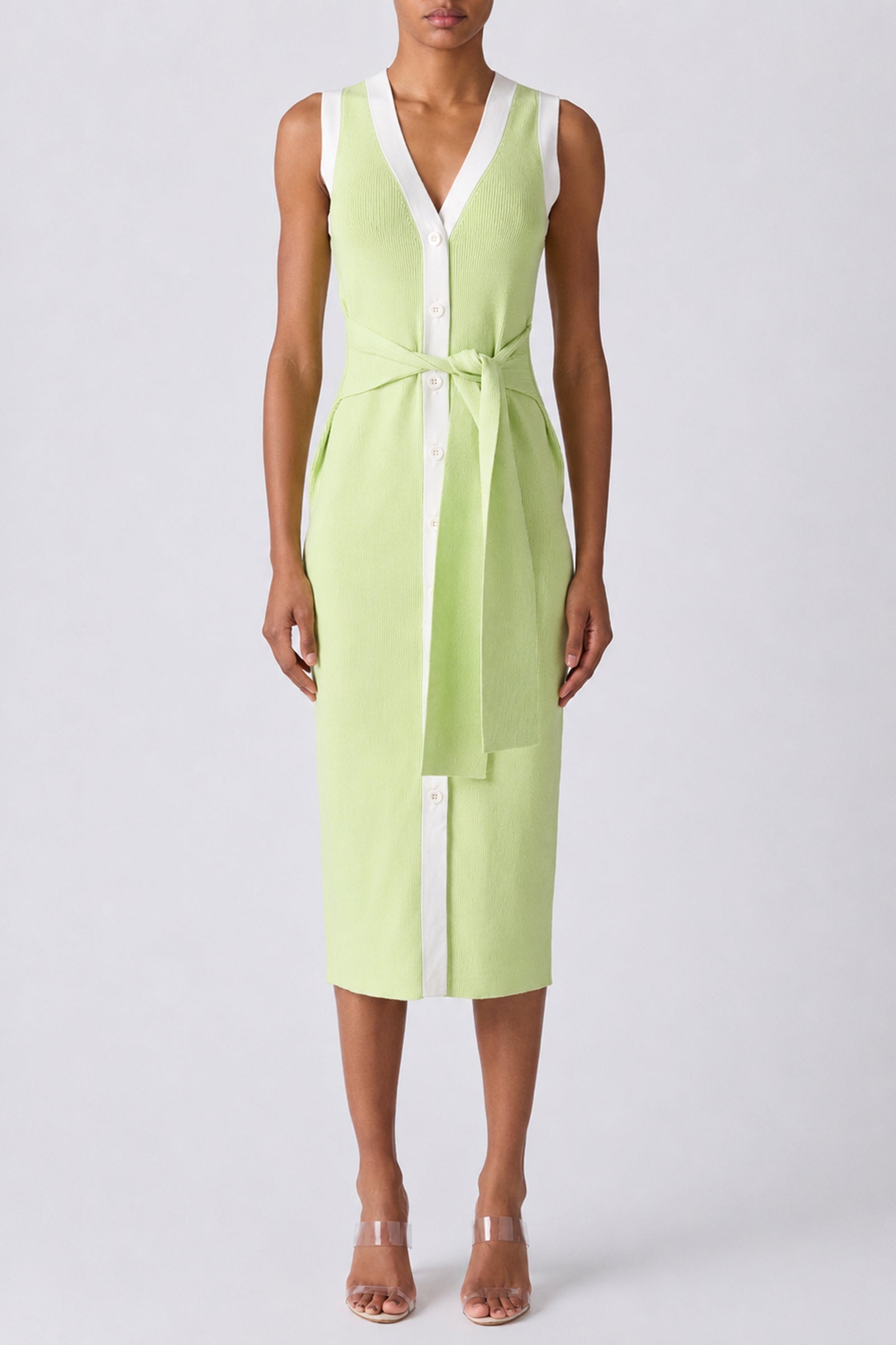 VICTORIA TIE FRONT SLEEVELESS MIDI DRESS
