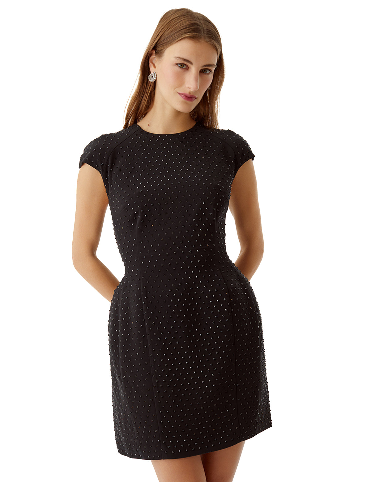 black kristen rhinestone cap sleeve mini dress - women's figure flattering designer date night dresses for fall and winter trends