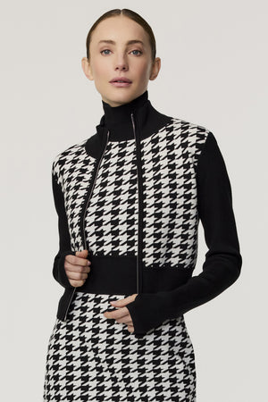 Reece Zip-Front Cropped Houndstooth Cardigan