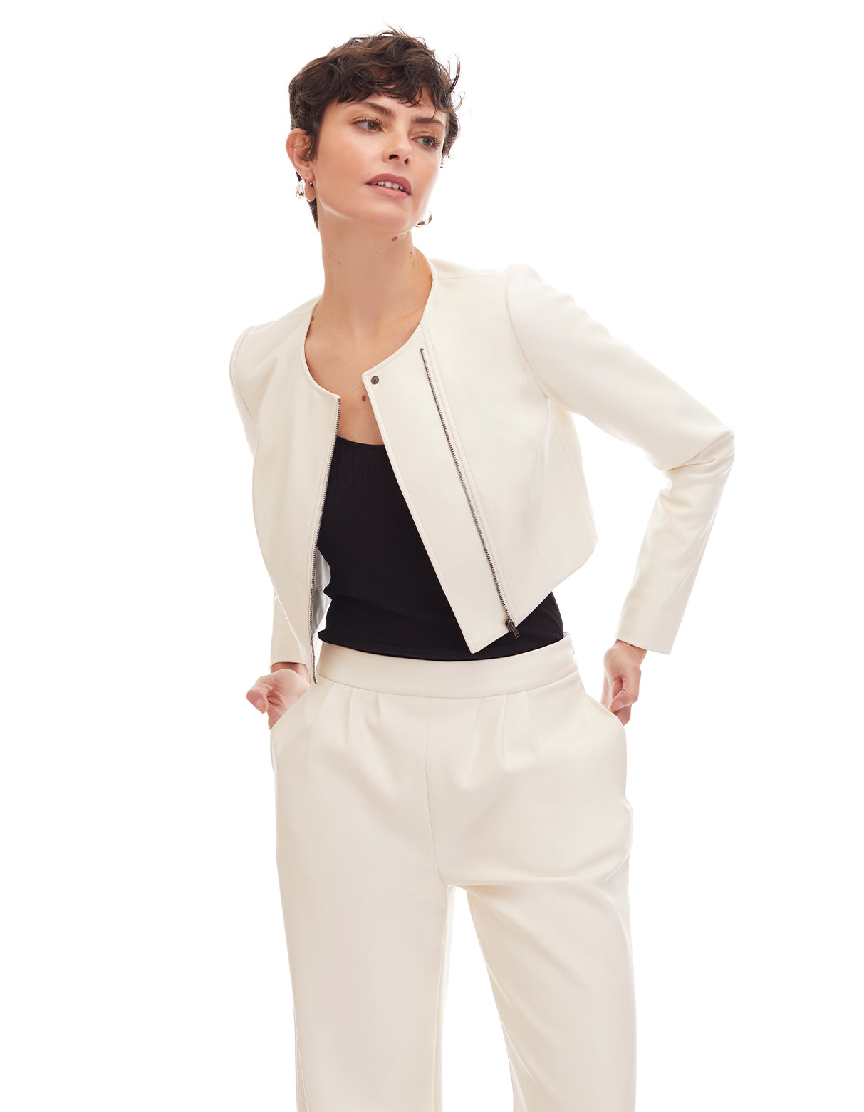 Carly Crop Jacket Creme Off White Faux Leather Designer Fashion - Figure Flattering Work Appropriate Jackets for Women
