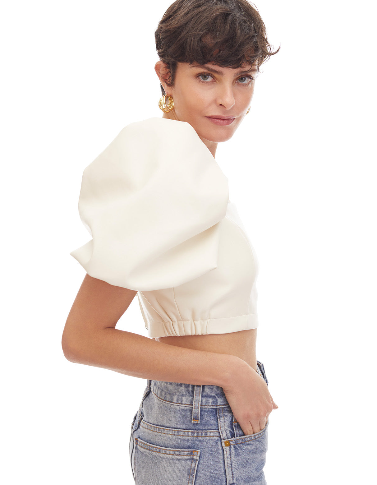 mira faux leather puff sleeve crop top creme cream off white designer fashion women's tops