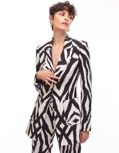 arianna blazer zebra print jet black optic white - figure flattering work appropriate jacket for women designer fashion jackets