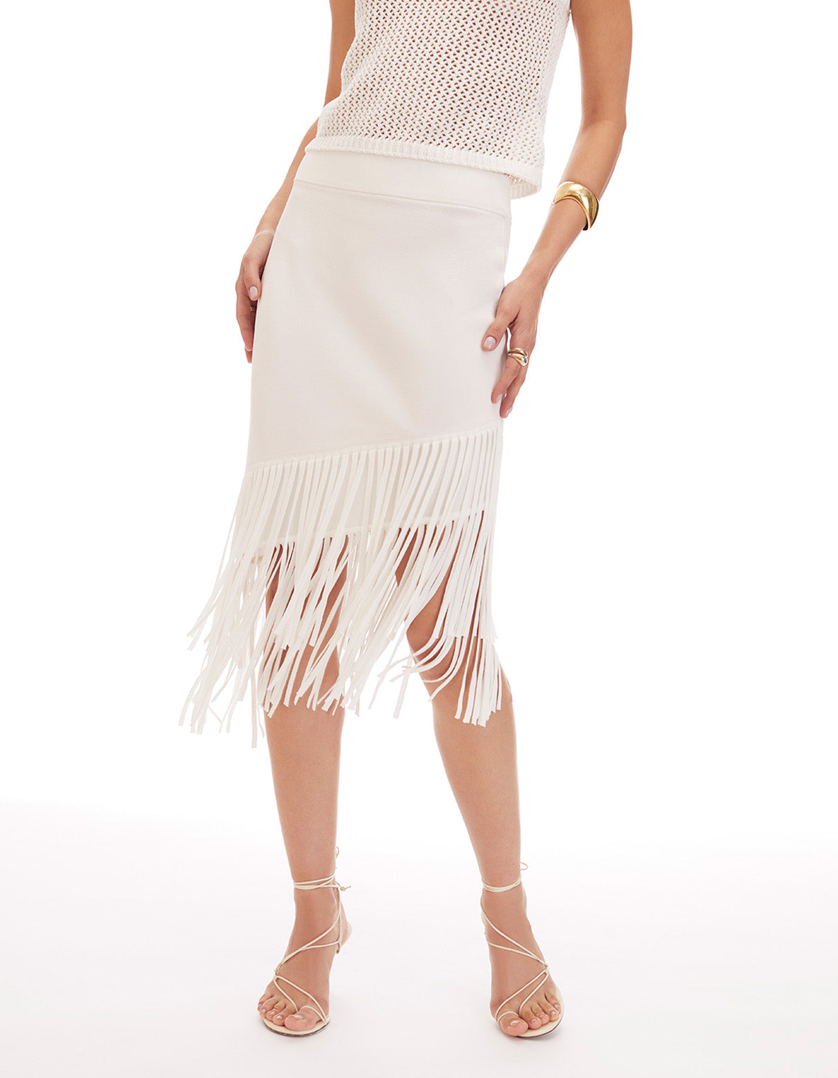 hazel asymmetric knit high waist asymmetrical fringe mini skirt white - flattering cocktail party skirts for women designer fashion