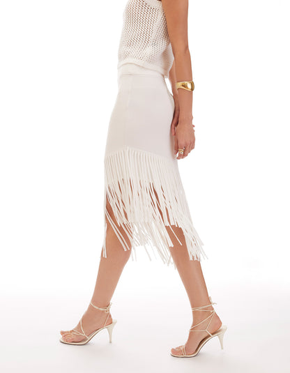 hazel asymmetric knit high waist asymmetrical fringe mini skirt white - women's figure flattering designer fashion skirts
