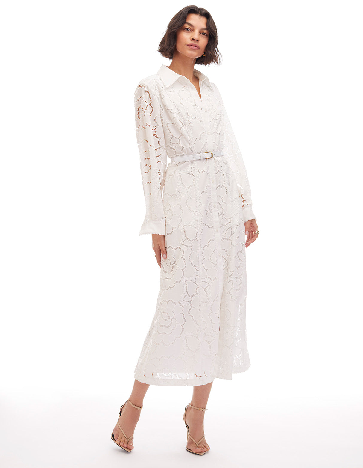 ivy optic white long sleeve eyelet lined shirt midi dress - figure flattering work appropriate designer dresses for women