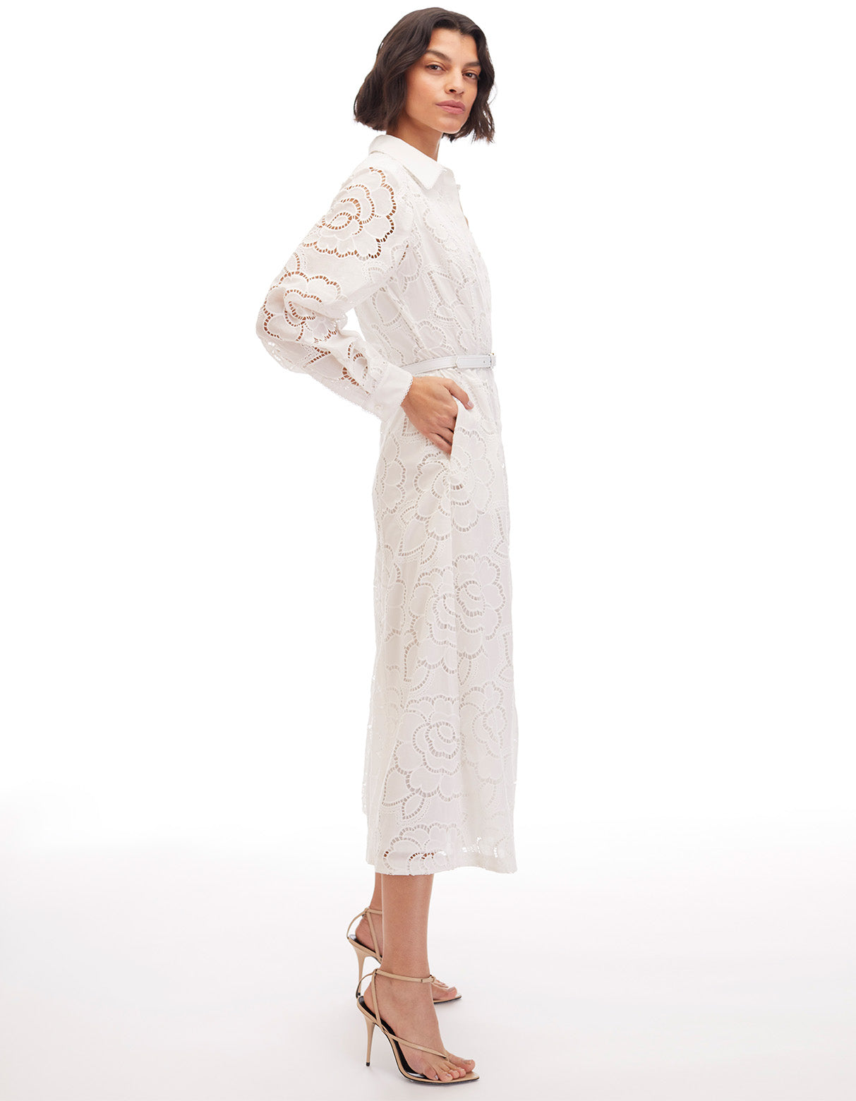 ivy optic white long sleeve eyelet shirt midi dress - flattering resort wear for women designer fashion dresses