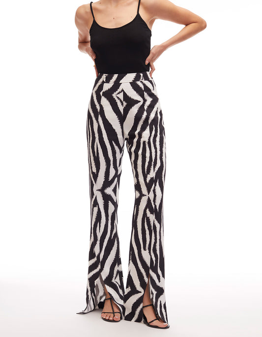 lucia split hem straight pant jet black optic white zebra print figure flattering luxury designer fashion summer pants for women