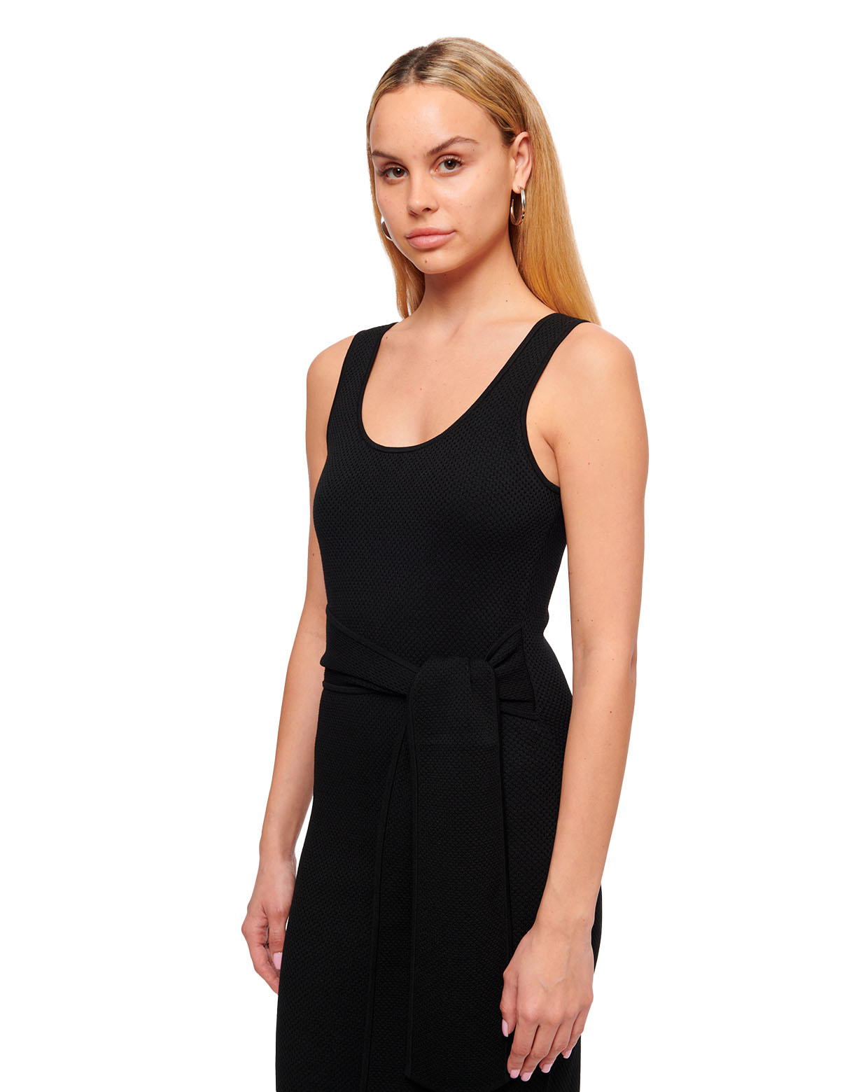 lucy scoop neck tie front bodycon knit midi dress jet black - figure flattering designer fashion dresses for women