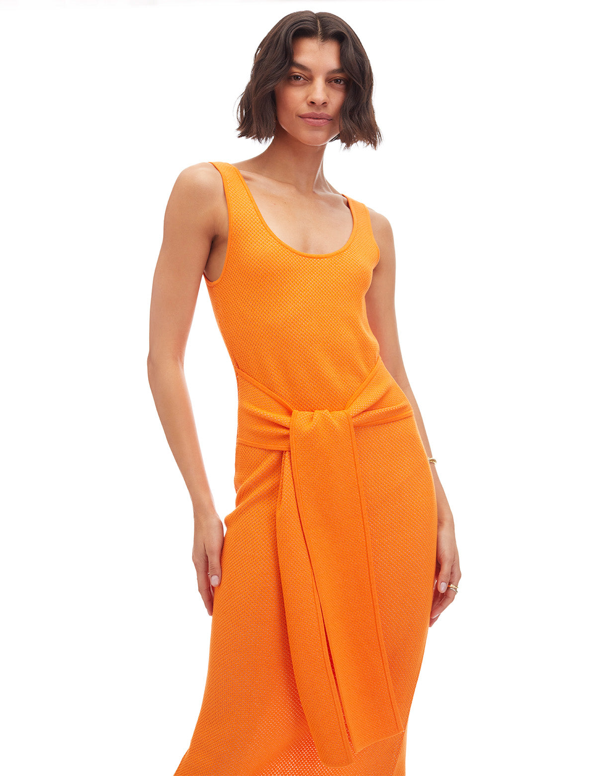 lucy scoop neck tie front bodycon midi dress orange white - flattering cruisewear dresses for women