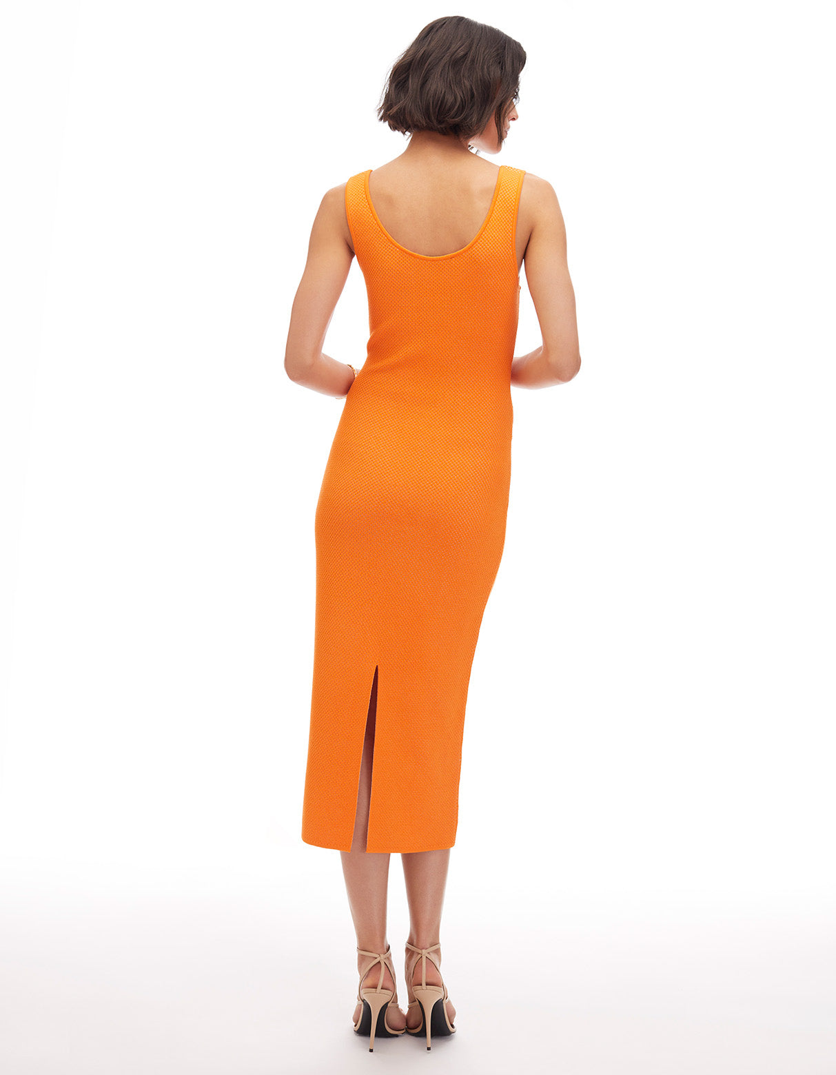 lucy scoop neck tie front bodycon midi dress orange white - figure flattering cruise wear summer dresses for women