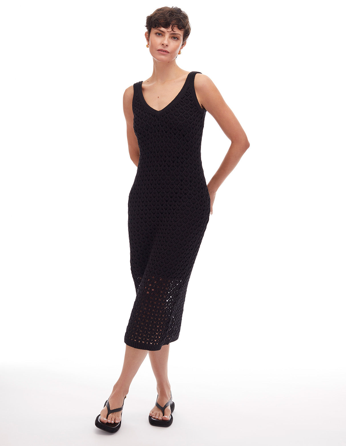 maddie crochet v neck tank midi dress jet black - figure flattering summer cruise wear designer fashion dresses for women