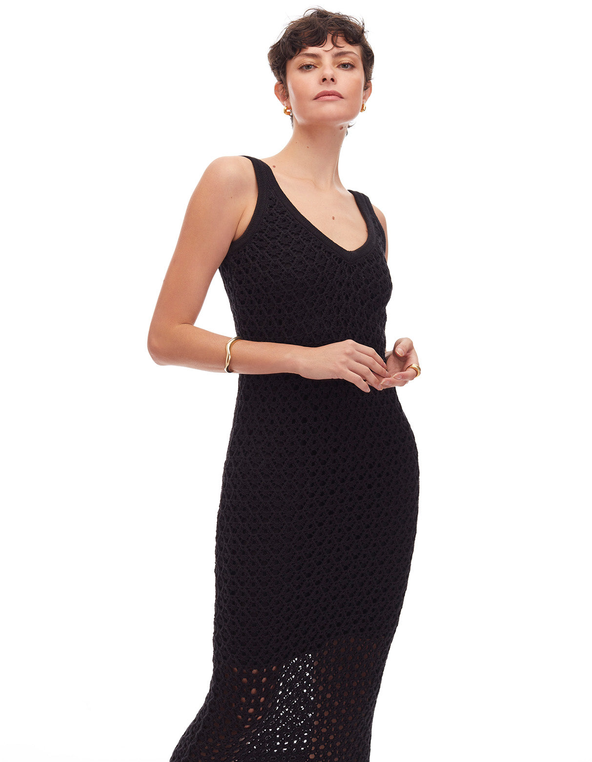 maddie crochet v neck tank midi dress jet black - figure flattering resortwear summer dresses for women