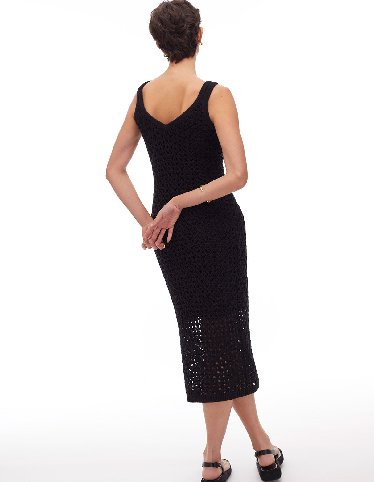 maddie crochet v neck tank midi dress jet black - women's designer fashion summer party dresses 