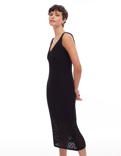 maddie crochet v neck tank midi dress jet black - flattering cruisewear summer fashion dresses for women