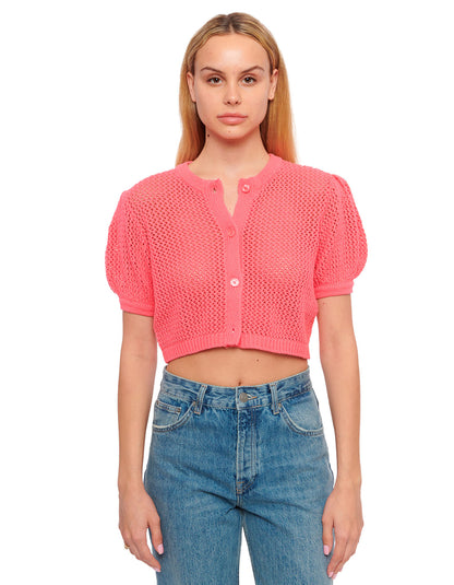samantha crochet cropped cardi sweater hot pink - figure flattering designer fashion summer cardigans for women