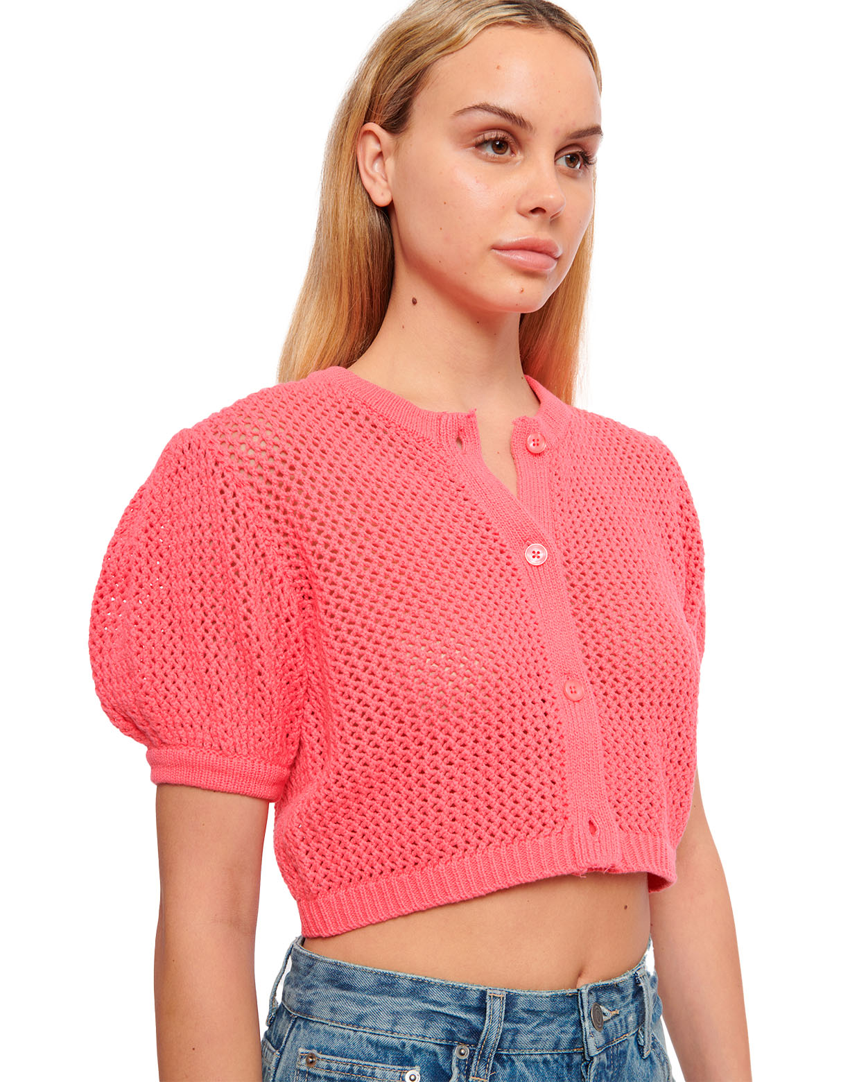 samantha crochet cropped cardi sweater hot pink - women's figure flattering designer fashion summer cute cardigans 
