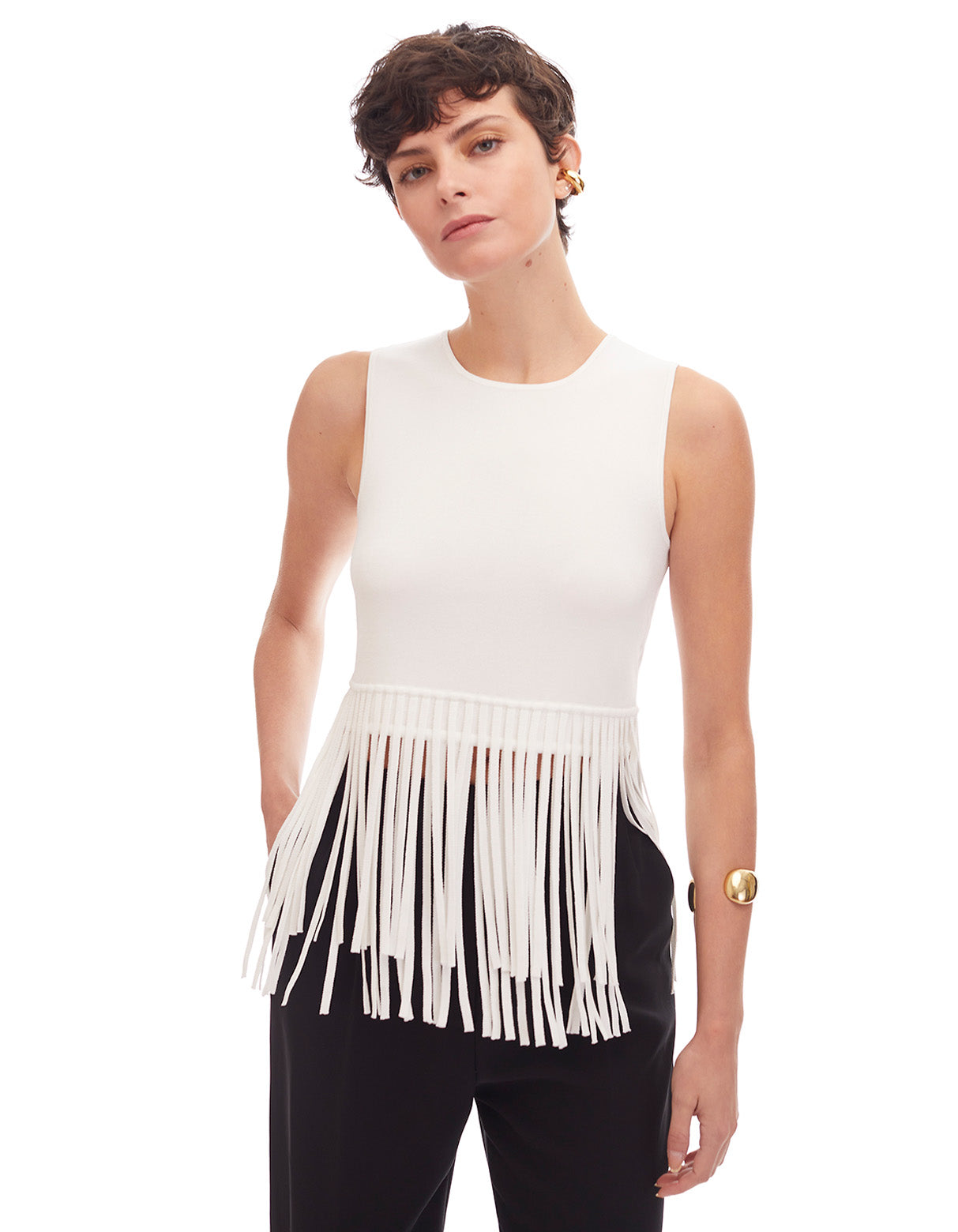 scarlett sleeveless fringe top optic white - figure flattering summer cruise wear for women designer fashion tops
