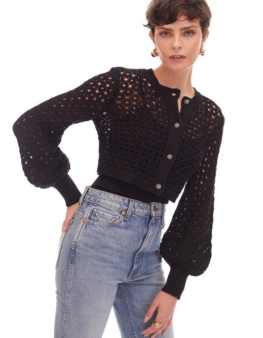 black button front cropped crochet cardigan cardi by toccin designer fashion