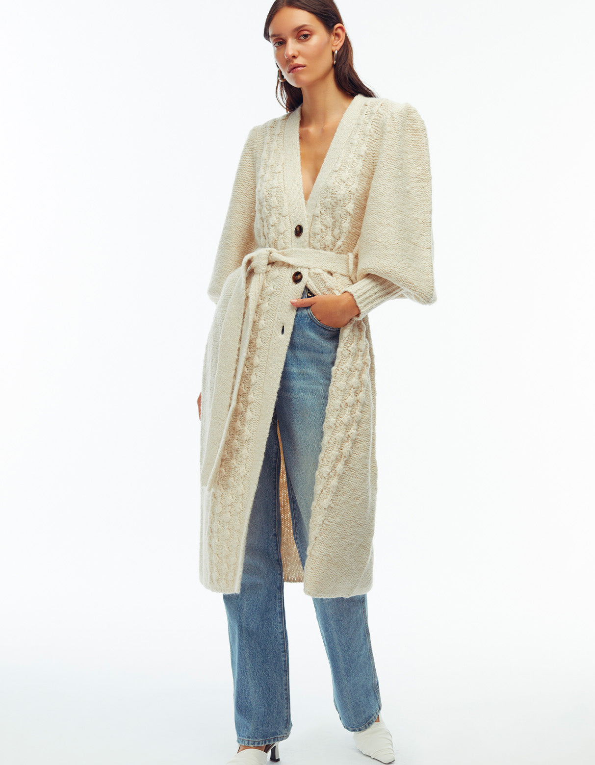 Camille Popcorn Cardi Coat Vanilla Off White Lurex flattering popcorn knit cardigan coat self tie belt blouson sleeves