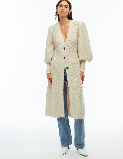 Camille Popcorn Cardi Coat Vanilla Off White Lurex popcorn knit cardigan coat with self tie belt blouson sleeves