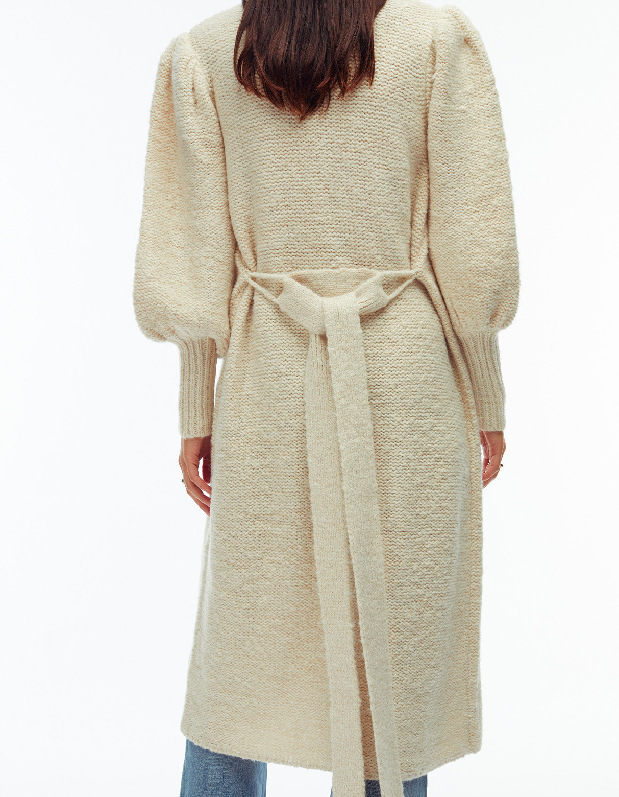 Camille Popcorn Cardi Coat Vanilla Off White Lurex popcorn knit cardigan coat with self tie belt blouson sleeves