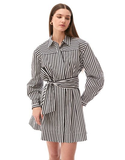 austyn long sleeve stripe mini shirt dress jet black optic white - figure flattering cute work party dresses for women