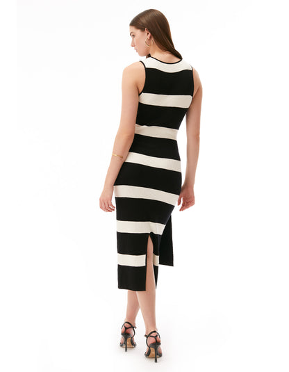 bernadet sleeveless tie front midi knit dress jet black optic white stripe - flattering resortwear dresses for women designer fashion