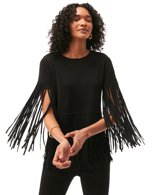 catalina fringe tee knit designer fashion top jet black - flattering fun work tops for women