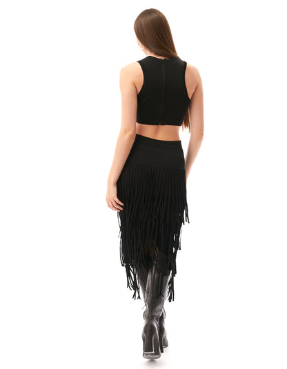 Jemma Fringe Racer Cutout Midi Knit Dress Jet Black - Figure Flattering Designer Fashion Dresses by Toccin