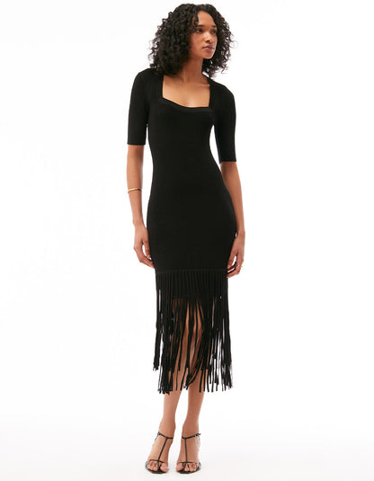 josefina short sleeve fringe midi dress jet black - designer fashion flattering women's cute work party dresses 