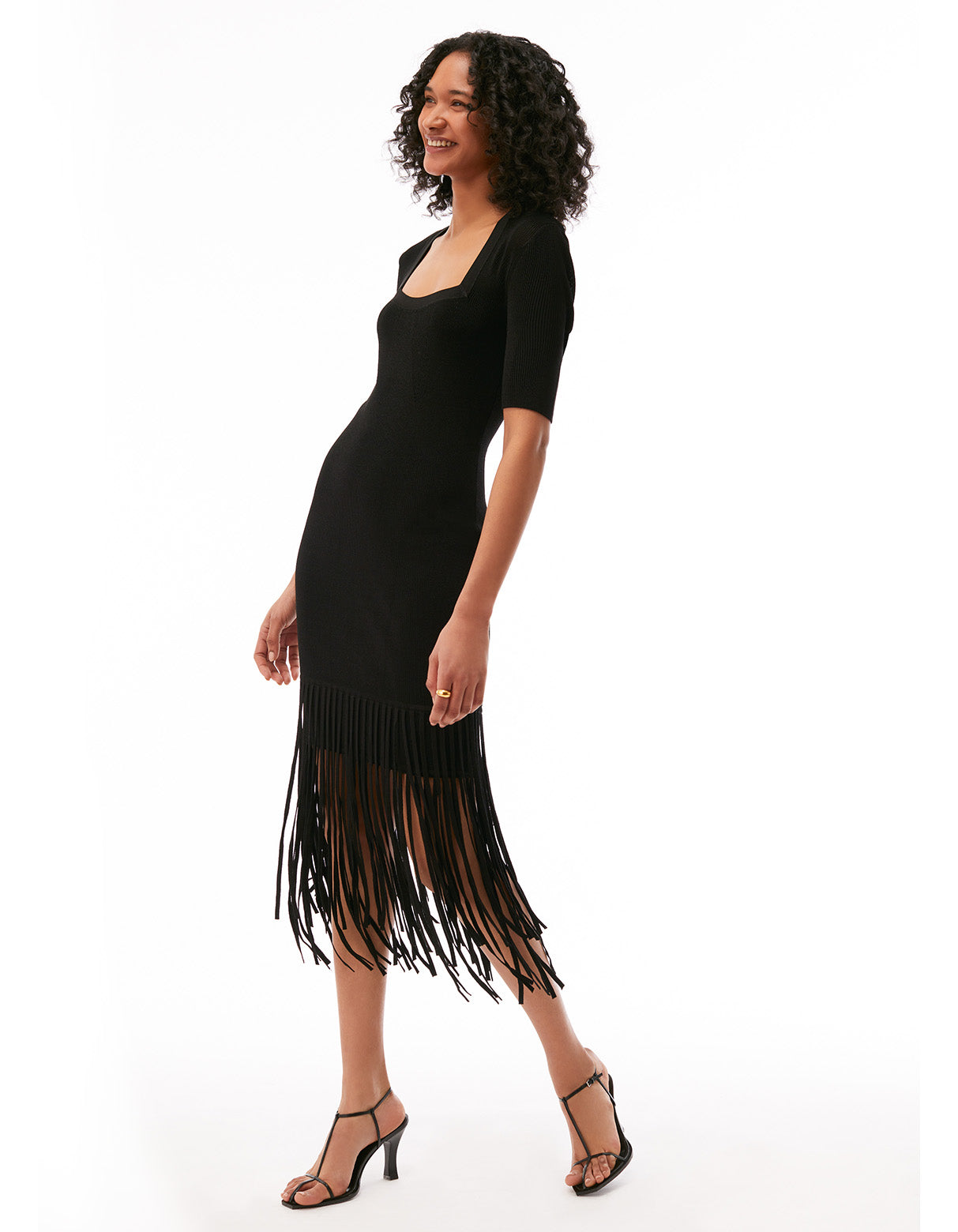 josefina short sleeve fringe midi dress jet black - flattering designer office to date night dresses for women