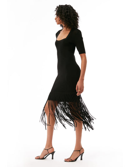 josefina short sleeve fringe midi dress jet black - designer classy unique cocktail dresses for women by Toccin