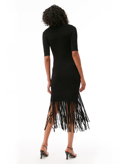 josefina short sleeve fringe midi dress jet black - designer fashion figure flattering party dresses for women