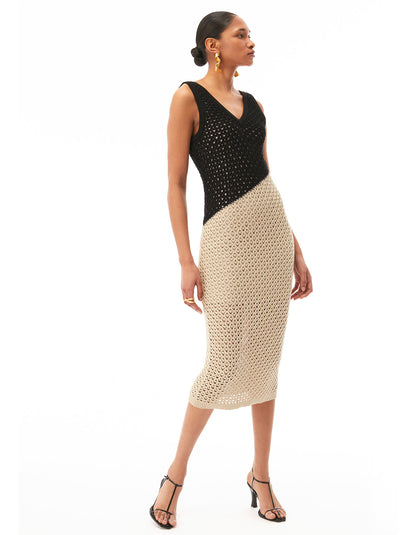 kayla color block crochet tank midi dress jet black stone beige - figure flattering office to date night dresses for women 