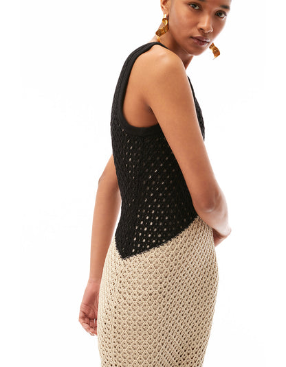 kayla color block crochet tank midi dress jet black stone beige - women's flattering day to night dresses fashion 