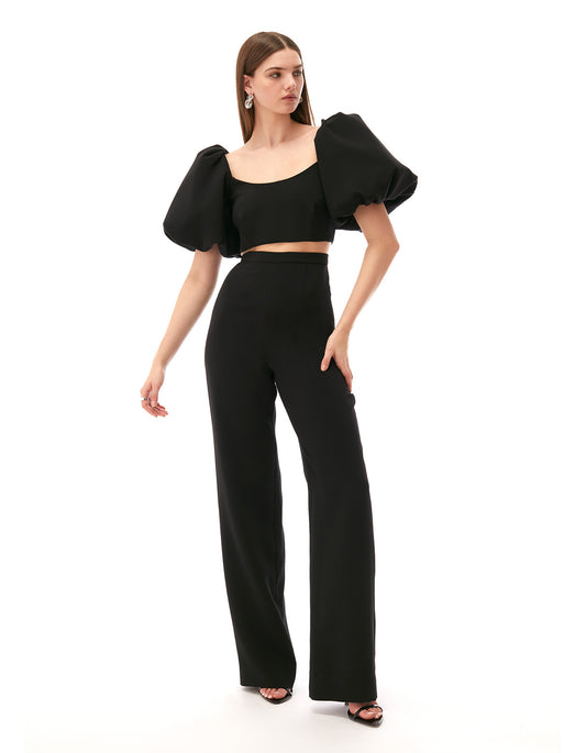 black lexi short puff sleeve jumpsuit - figure flattering designer fashion wedding guest jumpsuits for women